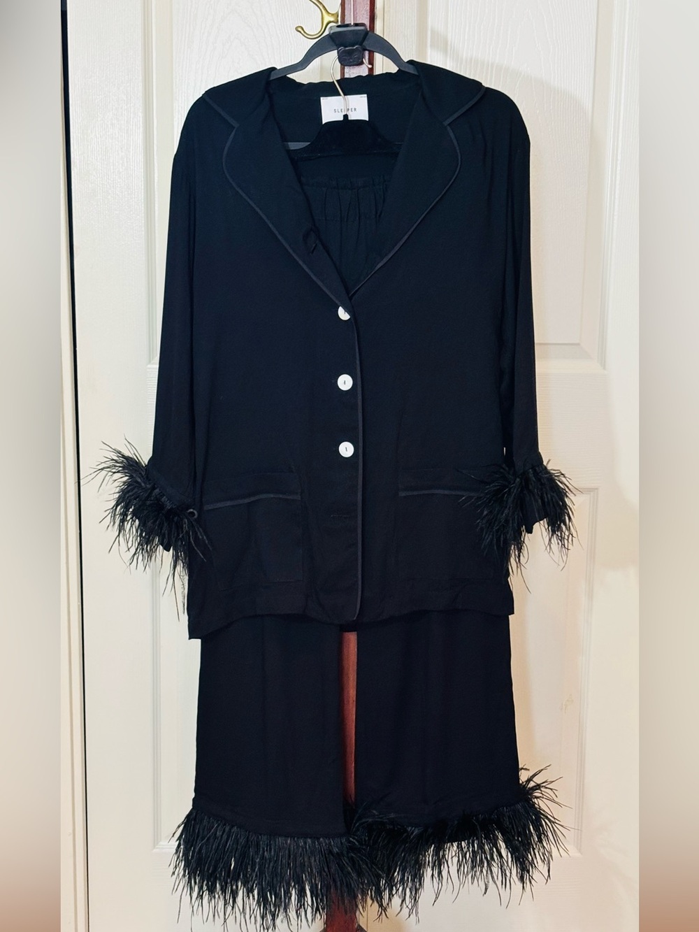 Sleeper Luxury Lounge Wear Set Ostrich Feather Trim Black Medium - Picture 8 of 9